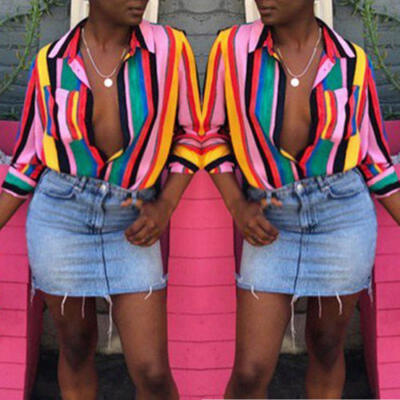 

Women V Neck Long Sleeve Stripes Career Shirt Loose Plus Blouse Top Size -2XL