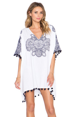 

Buenos Ninos Large size Blue and White Porcelain Totem Printing Loose Dress Bat Sleeve Tassel