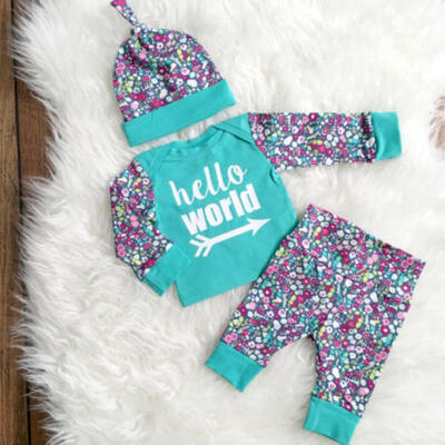 

Newborn Baby Girl Long Sleeve Tops Pants Hat 3PCS Outfits Set Clothes 0-18m