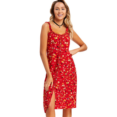 

Tiny Floral Slit Button Up Midi Dress