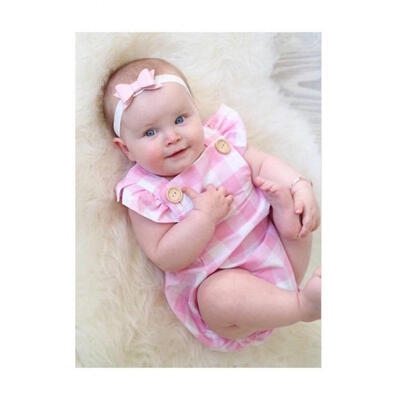 

New Infant Baby Girl Check Romper Jumpsuit Bodysuit Sunsuit Headband Outfit Set