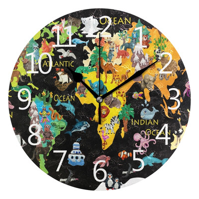 

Wall Clock World Animals Map Round Wall Clock Arabic Numerals Design