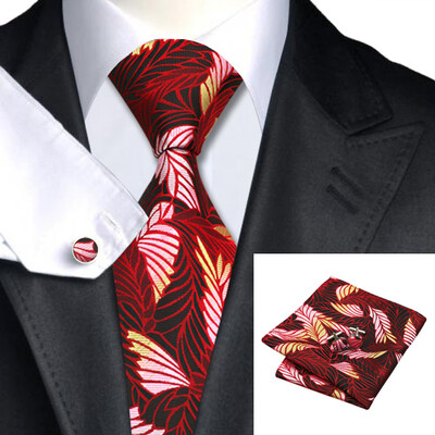 

N-0338 Vogue Men Silk Tie Set Red Floral Prints Necktie Handkerchief Cufflinks Set Ties For Men Formal Wedding Business wholesale