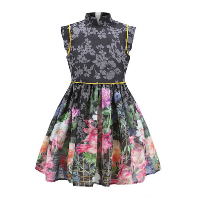 

3-12 Years Old Baby Girls Vintage Chinoiserie Flowers Print Summer Tea-Dresses