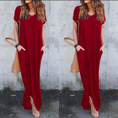 

Women Oversized Summer Loose Short Sleeve Soild Casual Long Maxi Dress Plus Size