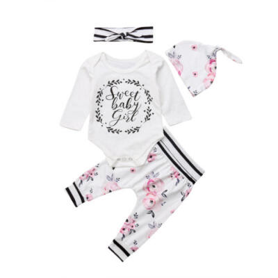 

4Pcs Newborn Baby Girl Flower Striped Tops Romper Long Pants Hat Outfits Clothes