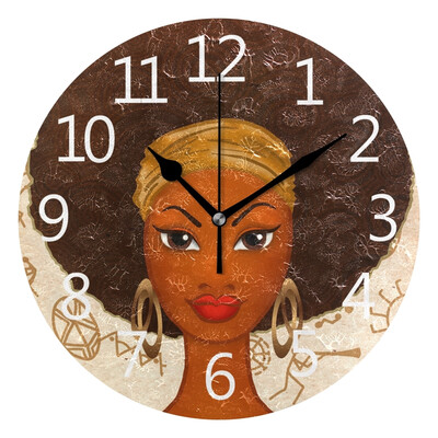 

Wall Clock Portrait Of Young Black Woman Round Wall Clock Arabic Numerals Design