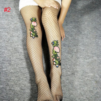 

Trendy Women Flower Embroidery Patch Hollow Fishnet Pantyhose Mesh Net Tights