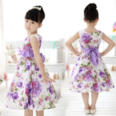 

Chic Girls Kids Princess Wedding Party Purple Flower Bow Gown Full Dresses 2-11Y