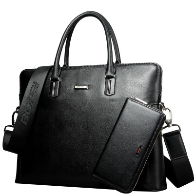 

BOPAI male bag business briefcase first layer of leather wallet package (men's handbag + men's hand bag) black 16-56613