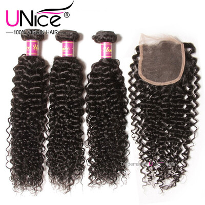 

UNice 8A Brazilian Virgin Human Hair 3 Bundles with Lace Closure Curly