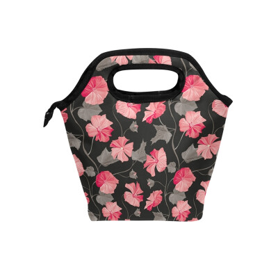 

Pink Flower Lunch Bag Tote Travel Picnic Insulated Handbags Portable Zipper Lunch Bag Box