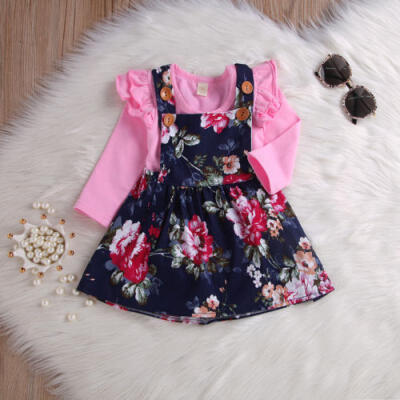 

Newborn Baby Girl Outfit Sets Long Sleeve Romper Tops Floral Strap Skirt Dress