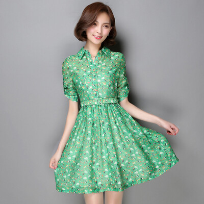

MAZOE Europe&the United States temperament shirt collar printing chiffon waist short sleeve dress S6612 green M