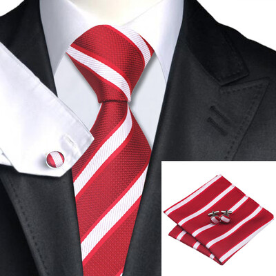 

N-0493 Vogue Men Silk Tie Set Red Stripe Necktie Handkerchief Cufflinks Set Ties For Men Formal Wedding Business wholesale
