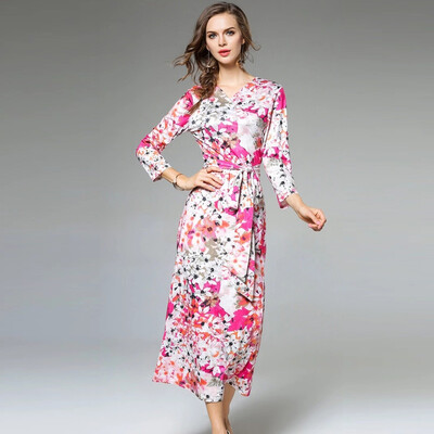 

Retro V-Neck Long Sleeve Printed Long Dress