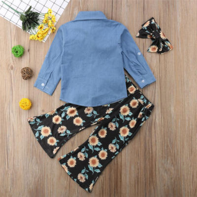 

Canis Toddler Kids Baby Girls Denim T-shirt Sunflower Pants Headband Outfits Set