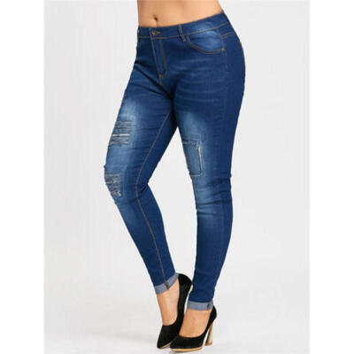 

Women Skinny Ripped Holes Jeans Pants High Waist Stretch Slim Pencil Trousers