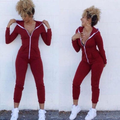 

Women Sport Suit Bodysuit Long Sleeve Zipper Hooded Jumpsuits Pants Playsuit Gym
