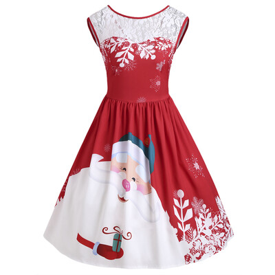 

Christmas Lace Insert Santa Claus Print Party Dress