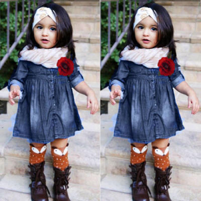 

AU STOCK Toddler Kid Baby Girls Denim Flower Dress Princess Party Pageant Dress