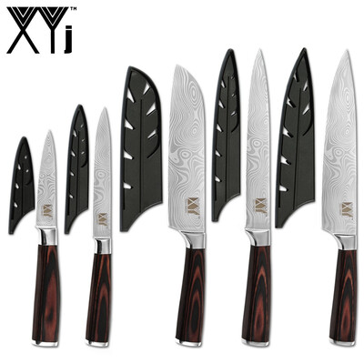 

XYj 5pcs Kitchen Knives Set Stainless Steel 7CR17 Blade Free Covers Knives Meat Cooking Tools