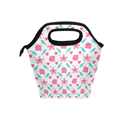 

Pink Floral Lunch Bag Tote Travel Picnic Insulated Handbags Portable Zipper Lunch Bag Box