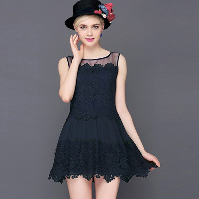 

New Fashion Women Lace Dress Crochet Patchwork Mesh Round Neck Sleeveless Sweet Slim Mini Dress WhiteDark Blue