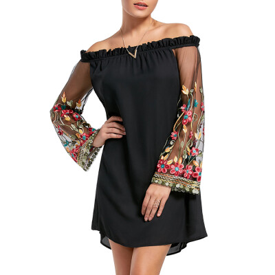 

Embroidery Flare Sleeve Off The Shoulder Dress