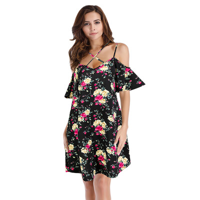 

Cross Neck Cold Shoulder Women Dress Spaghetti Strap