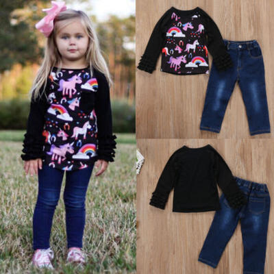 

2PCS Toddler Child Kids Girls Outfits Unicorn T-shirt TopLong Jeans Pants Sets