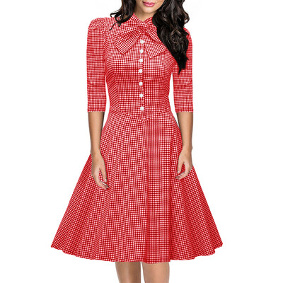 

Women\s Seven-Cent Sleeve Plaid Big Bow Fashion Big Swing Dress