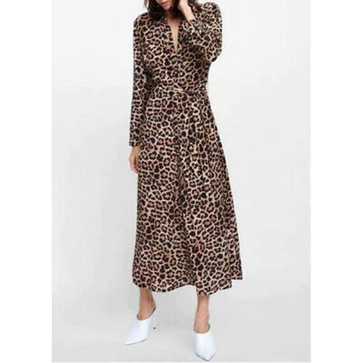 

Women Long Sleeve Shirt Maxi Dress Casual Leopard Print V-Neck Slit Belt Dresses