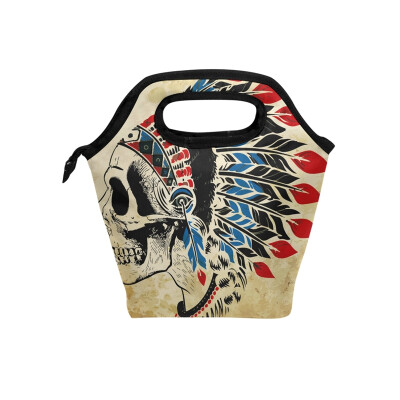 

Feather Skull Lunch Bag Tote Travel Picnic Insulated Handbags Portable Zipper Lunch Bag Box