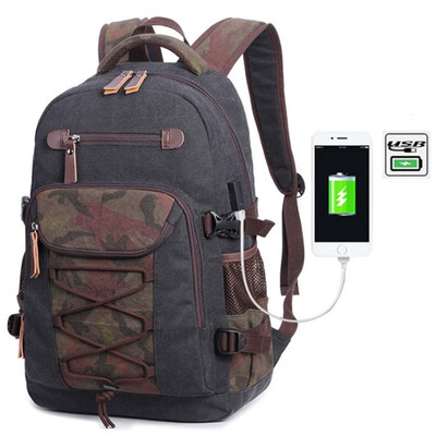 

New washed canvas bag usb-printed middle school bag retro mens shoulder computer backpack