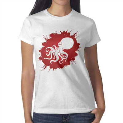 

Red Walking Octopus Art Young Women White Tshirt Cotton Leisure T-Shirts