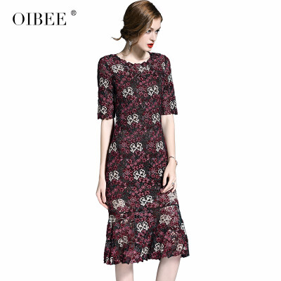 

OIBEE2018 autumn new fashion color matching embroidered long dress lace skirt slim slimming dress