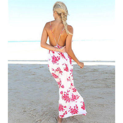 

Maxi Floral Dress Sexy Women Summer Backless Long Chiffon Sundress Beach Dress