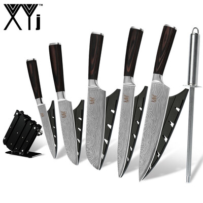 

XYj Kitchen Cooking Knife Set Damascus Pattern Blade Color Wood Handle Knife with Sharpener Rod Knife Stand Kitchen Tool