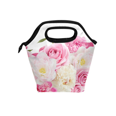 

Lunch Bag Pink Rose Tote Travel Picnic Insulated Handbags Portable Zipper Lunch Bag Box