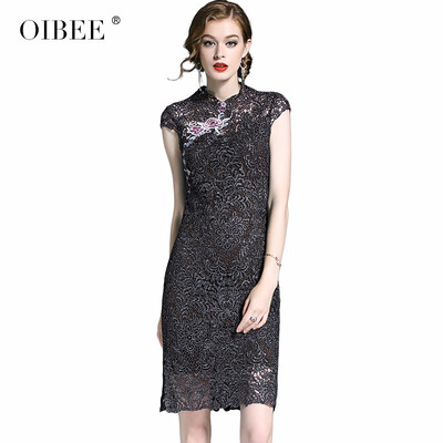 

OIBEE2018 summer womens new fashion slim slimming black dress lace skirt sleeveless cheongsam dress