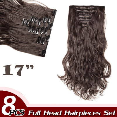 

17" Curly Hair Full Head Clip in Hair Extensions Synthetic 8 Piece 18 Clips Hairpiece Long Wave Trendy Design for Women