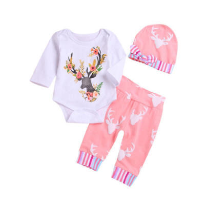 

Christmas Kids Baby Girl Cartoon Deer Tops Romper Long Pants Outfits Hat Outfits