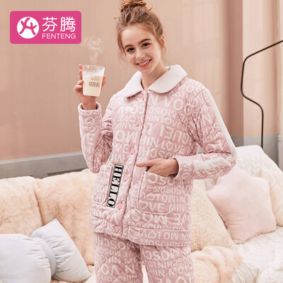 

Fen Teng plus velvet quilted 2018 autumn&winter new English plush lapel casual cardigan long-sleeved pajamas ladies home service ladies quilted pajamas J98950087 light pink