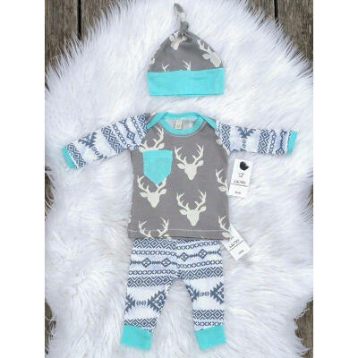 

Newborn Baby Girls Boy Deer Long Sleeve Tops T-shirt Pants Hat 3pcs Outfits Set