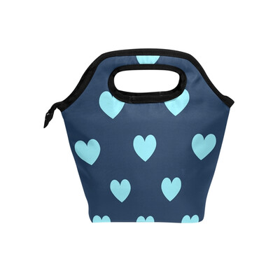 

Blue Loving Heart Lunch Bag Tote Travel Picnic Insulated Handbags Portable Zipper Lunch Bag Box