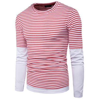 

Simple Stripe Long Sleeve Slim Fit Cotton Blend Tops Mens Casual Round T-Shirt