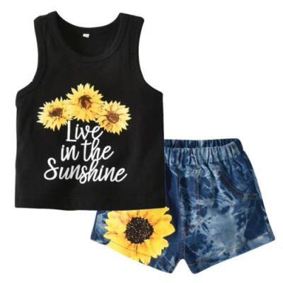 

Toddler Baby Girl Sunflower T-shirt Vest TopDenim Shorts Pants Summer Clothes