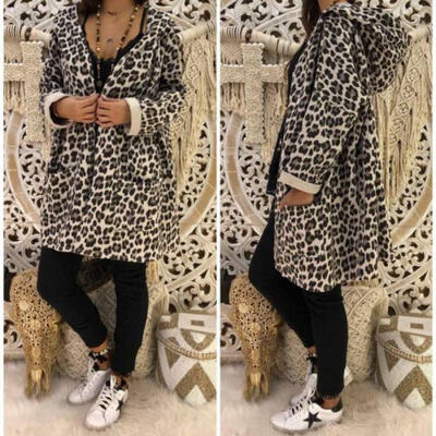 

Womens Lady Leopard Hooded Long Coat Cardigan Loose Outwear Kimono Jacket Trench