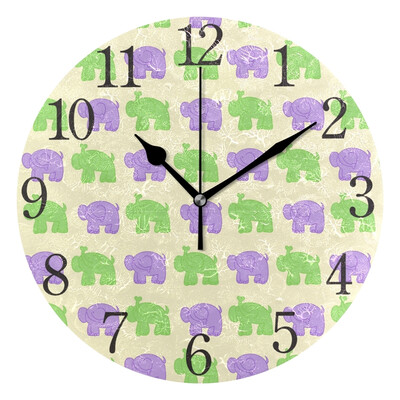 

Wall Clock Purple And Green Elephants Round Wall Clock Arabic Numerals Design
